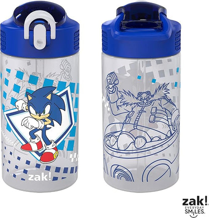 Zak Designs Sonic Kids' 2-Pack Leak-Proof Water Bottles With Straw, Handle and Pop-Up Spout Cover