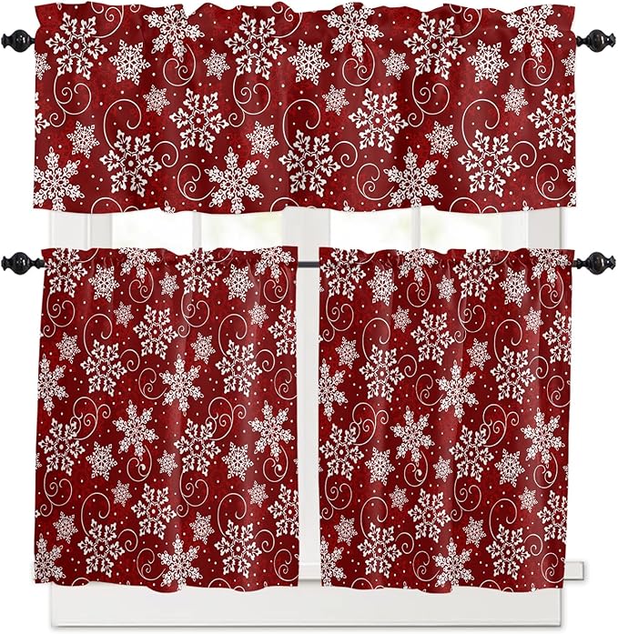 Vandarllin Christmas Kitchen Curtains and Valances Set, Red White Snowflakes Pattern Windows Treatments Tiers Half/Short Curtains for Small Windows Cafe/Living Room/Bedroom 54x36 in Winter