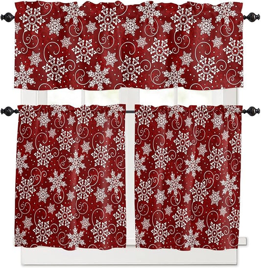 Vandarllin Christmas Kitchen Curtains and Valances Set, Red White Snowflakes Pattern Windows Treatments Tiers Half/Short Curtains for Small Windows Cafe/Living Room/Bedroom 54x36 in Winter