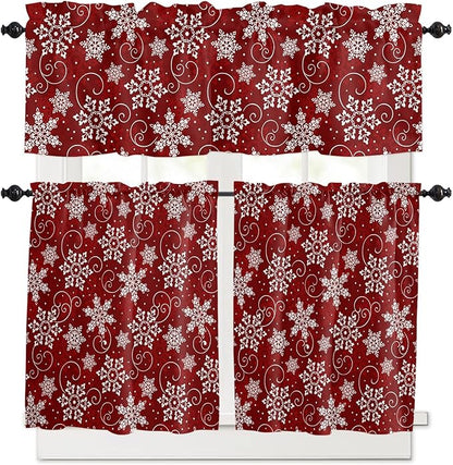 Vandarllin Christmas Kitchen Curtains and Valances Set, Red White Snowflakes Pattern Windows Treatments Tiers Half/Short Curtains for Small Windows Cafe/Living Room/Bedroom 54x24 in Winter