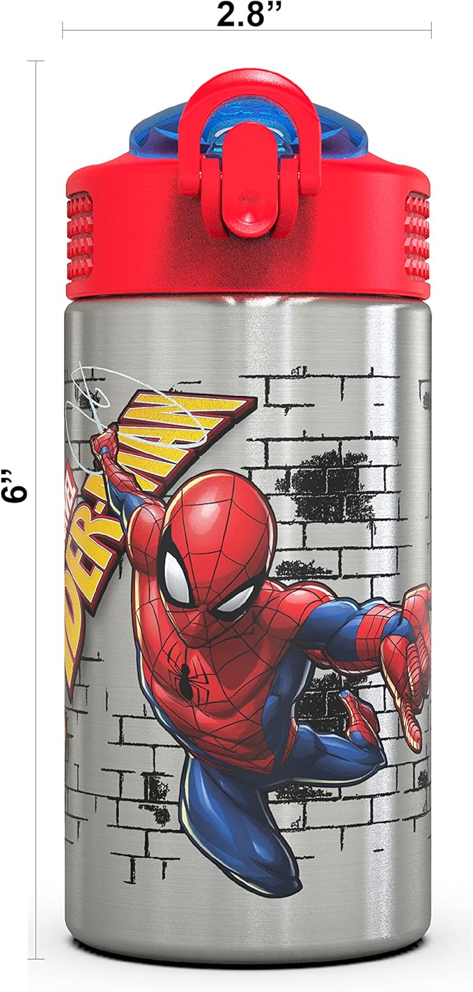 Zak Designs Stainless Steel One Hand Operation Lid and Built-in Carrying Loop Water Bottle with Straw Spout is Perfect for Kids (15.5 oz, BPA Free), 1 Count (Pack of 1), Spiderman