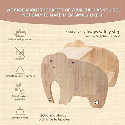 Wooden Step Stool for Kids, Toddler Step Stool of Elephant Shape Two Step Children's Stool for Bathroom Sink, Kitchen, Bedroom, Potty Training