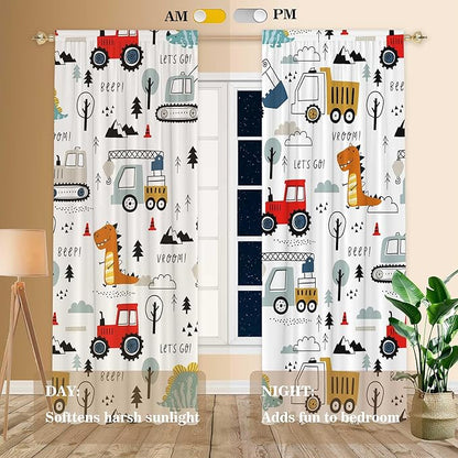 82" Wx 84" L Cartoon Engineering Car Window Curtains Lovely Dinosaur for Baby Room Bedroom Nursery Home Decor Decorations with Fabric Machine Washable