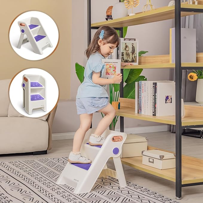 UNCLE WU Foldable 2-Step Stool for Kids -Potty Seat Training Aid with Safety Handles,Durable - Perfect for Potty Training, Bathroom Sink,Kitchen Stand Stool & Bedroom Step Stool (Purple)