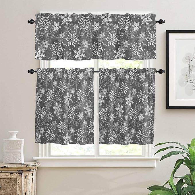 Vandarllin Christmas Kitchen Curtains and Valances Set, Grey White Snowflakes Pattern Windows Treatments Tiers Half/Short Curtains for Small Windows Cafe/Living Room/Bedroom 54x24 in Winter