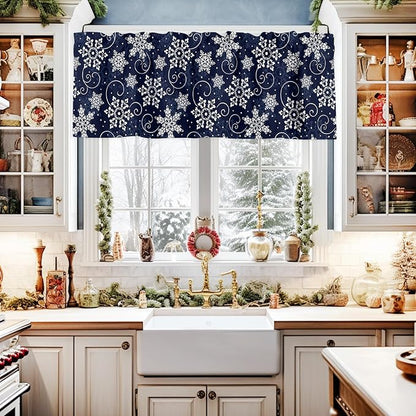 Vandarllin Christmas Kitchen Curtains and Valances Set, White Navy Snowflakes Pattern Windows Treatments Tiers Half/Short Curtains for Small Windows Cafe/Living Room/Bedroom 54x24 in Winter