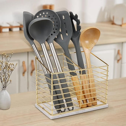 Utensil Holder for Kitchen Counter, Metal Utensil Holder Rack for Kitchen Countertop, Cooking Tools Storage for Spatula, Utensil Organizer with Sturdy Base, and Drainage Hole (Gold Marble)