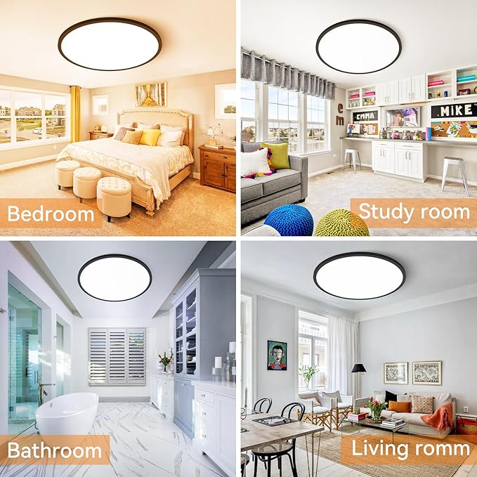 1PACK LED Flush Mount Ceiling Light Fixture, 3000K-4500K-6000K & 150W Equivalent Modern Kitchen Ceiling Lamp 36W 3600Lm 16 Inch Closet Round Surface for Bathroom Laundry Bedroom Hallway, Black