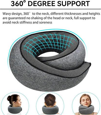 Travel Neck Pillow for Airplanes, 100% Pure Memory Foam Neck Support Pillow 360°Adjustable Full Surrounding Travel Pillow for Long Flights, Car, Train and Home Use, Dark Grey