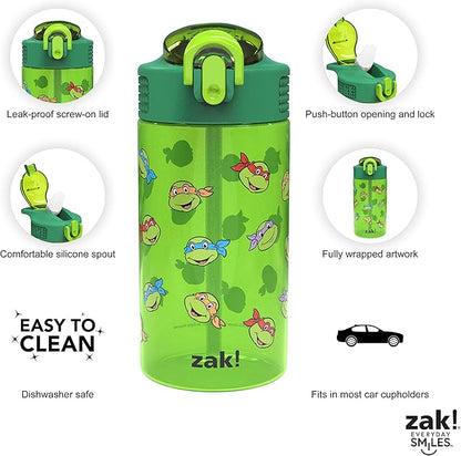 Zak Designs Teenage Mutant Ninja Turtles Kids Water Bottle For School or Travel, 16oz 2 Count (Pack of 1) Durable Plastic Water Bottle With Straw, Handle, and Leak-Proof, Pop-Up Spout Cover (TMNT)