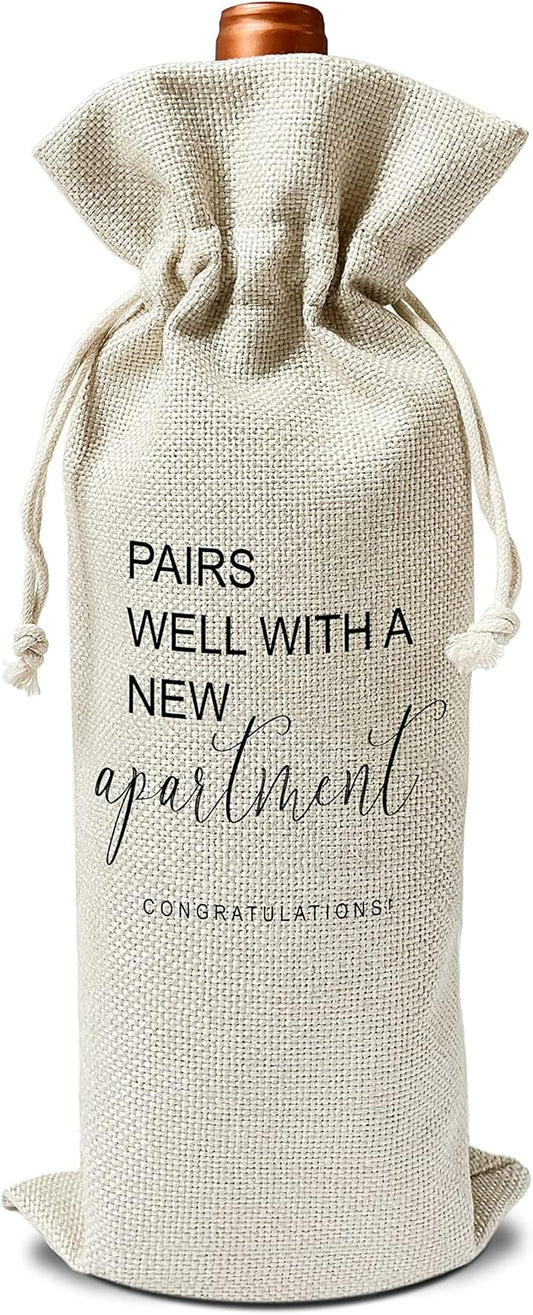 Zodvery Pairs Well With A New Apartment Wine Gift Bags - Gift for Housewarming, New Home Owner Gift, Realtor Gift to Clients - Reusable Burlap With Drawstring Gift Bag (5.5"x 13.5")-1 Pcs/jiu021