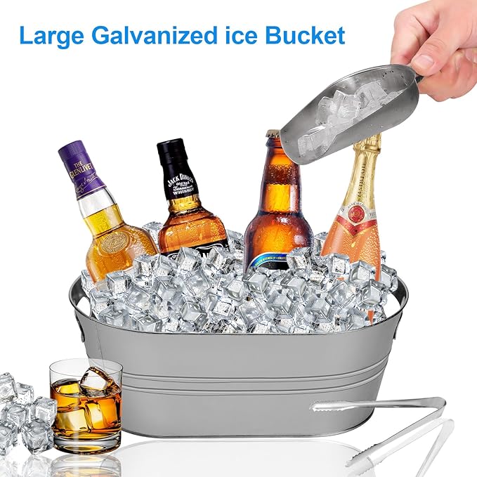 4PCS Drink Buckets for Parties, 4 Gallon Galvanized Ice Buckets, Large Ice Buckets for Parties, Equipped with Handles, a Spoon, and Ice Tongs for Home/Bar Beer, Champagne, Cocktails, and Wine Chiller