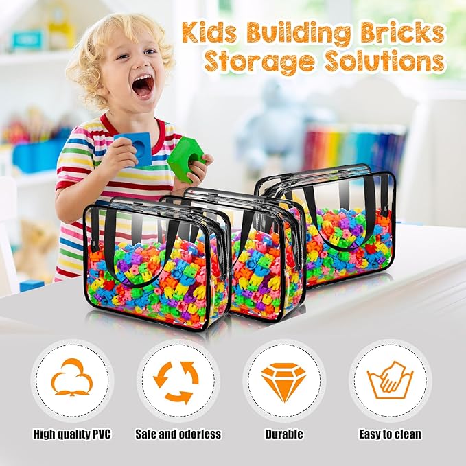 12 Pieces Large Toy Storage Bags with Zipper Clear PVC Organizing Bags Waterproof Zippered Toy Storage Organizer for Building Blocks Puzzle Stationery Kids Books Classroom(Black)