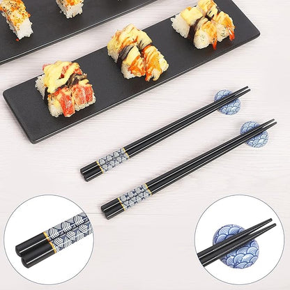 2 Pairs Wood Chopsticks & Holders Gift Set, Natural Wood, Sea Wave Pattern, 8.85 inches, Dishwasher Safe