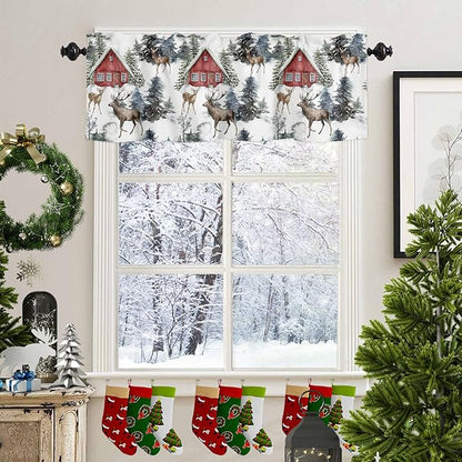 Vandarllin Christmas Valance Kitchen Curtains for Windows, Red Farmhouse Barn Rod Pocket Valances Window Treatments Elk Short Curtains for Bedroom/Living Room, 54" X 18" -1 Panel