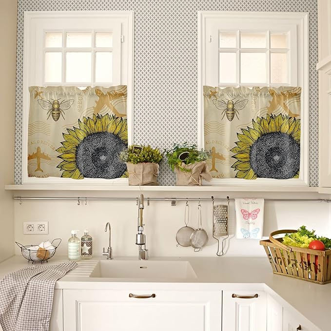 Vandarllin Kitchen Curtains and Valances Set,Vintage Sunflower Bee Window Treatments Tiers Summer Yellow Semi Sheer Half/Short Curtains for Small Windows Cafe/Living Room/Bedroom 54x24 in, 3-Piece