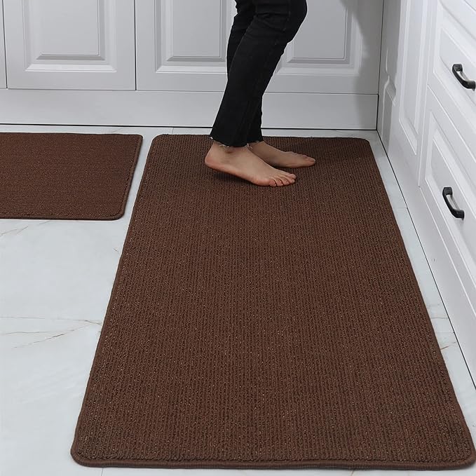 COSY HOMEER 24x35 Inch/24X60 Inch Kitchen Rug Mats Made of 100% Polypropylene Strip TPR Backing 2 Pieces Soft Kitchen Mat Specialized in Anti Slippery and Machine Washable,Brown