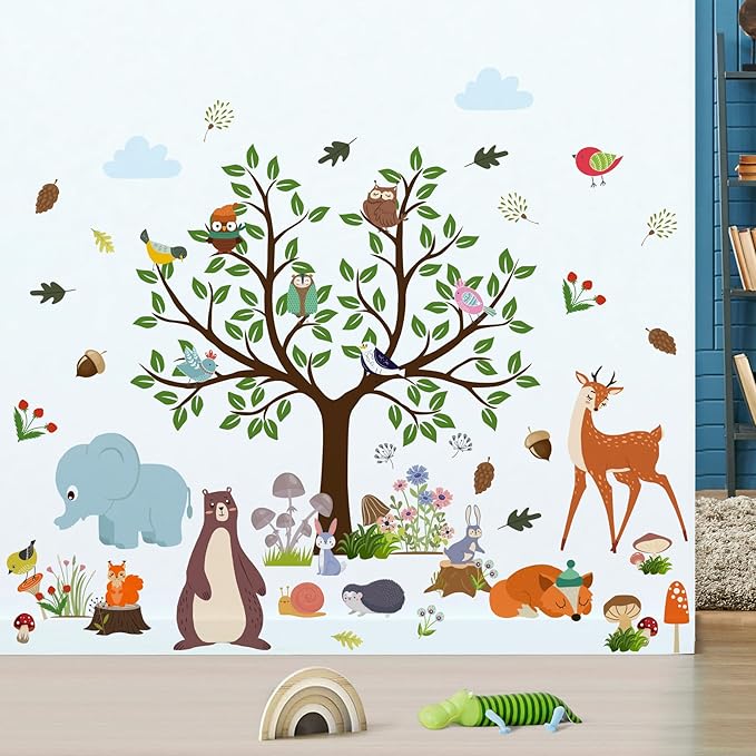 AM AMAONM Removable Jungle Animals Fox Deer Elephant Birds Lion Wall Decals DIY Tree and Leaves Wall Sticker Peel and Stick Home Wall Art Decor for Kids Baby Boys Nursery Bedroom Classroom (39144)