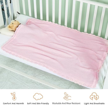 100% Cotton Baby Blanket Knit Soft Warm Lace Toddler Newborn Nursery Blanket,30 x 40 Inches, Light Pink