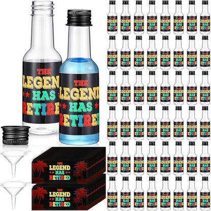 100 Pack 1.7 oz Mini Liquor Bottles Retirement Party Decoration Plastic Alcohol Bottles with Funnels The Legend Has Retired Stickers Retirement Decorations Party Favors for Men Women