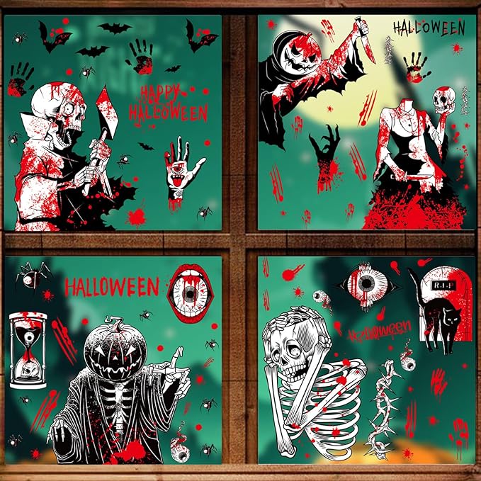 9 Pcs Bloody Halloween Window Clings Horror Skeleton Clown Window Decals Evil Eye Cat Window Stickers for Glass Day of The Dead Bat Spider Window Decorations for School Home Office Party Supplies