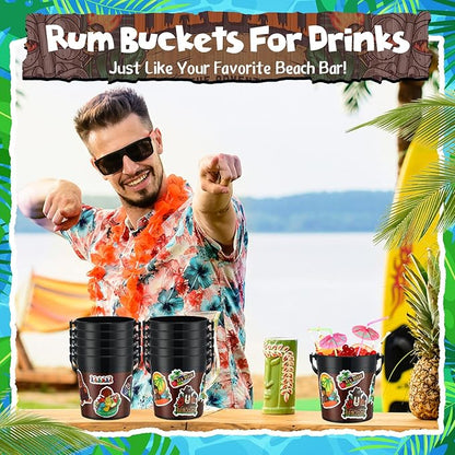 12 Pcs 32 oz Plastic Tiki Cocktail Rum Buckets for Drinks Beverage Tub Beer Bucket Drink Tubs for Luau Parties Ice Buckets with 100 Pcs Color Mixed Straws and 200 Pcs Hawaii Doodle Stickers