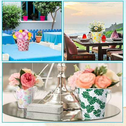 16 Pcs Small Metal Beach Bucket Sand Bucket 4.4 x 5.4 x 6.4 Inches Hawaiian Mini Drink Bucket with Handles for Summer Beach Theme Birthday Party Favors(Fresh)