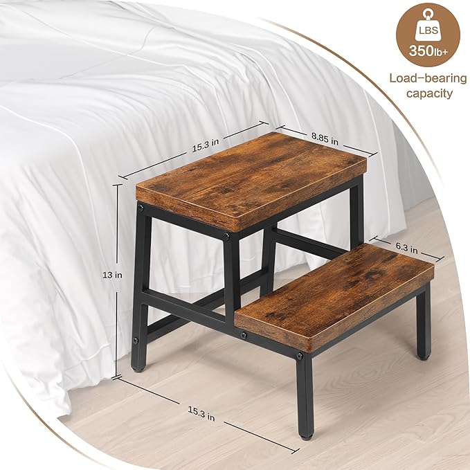 Wood Bed Side Step Stool for High Beds Adult - 2 Step Wooden Step Stools for Adults for Bedside, Heavy Duty Stepping Stool for Bed/Kitchen/Bedroom, Holds Up to 500 lbs Capacity, Brown