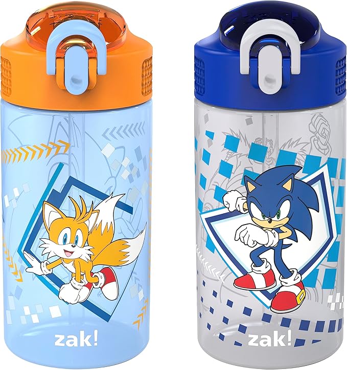 Zak Designs Sonic Kids' 2-Pack Leak-Proof Water Bottles With Straw, Handle and Pop-Up Spout Cover