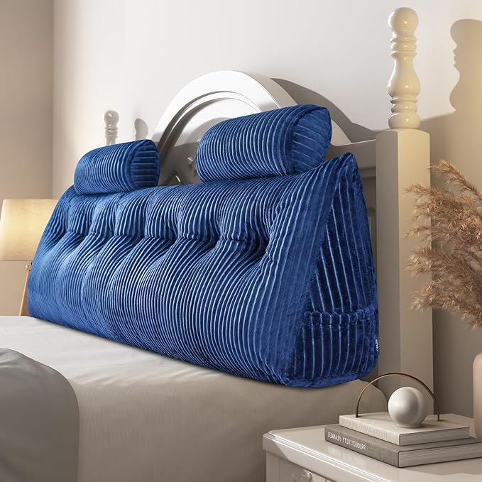 Z-hom King Triangular Headboard Pillow, King Size Wedge Headboard Pillow with 2 Roll Pillows, King Bed Reading Pillows Large Backrest Wedge Pillow (Blue, King: 76”x20”x8”)