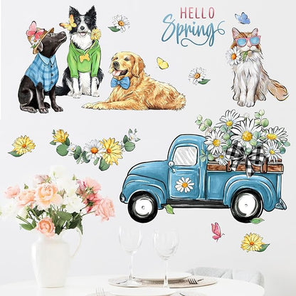 Mfault Hello Spring Dog Cat Wall Decals Stickers, Golden Retriever Puppy Kitty Blue Truck Daisy Flower Decorations Bedroom Art, Eucalyptus Leaves Butterfly Seasonal Home Kitchen Decor Party Supplies