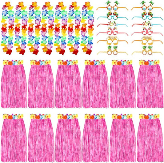 Zhanmai 36 Packs Hawaiian Costume Set Hula Skirts Tropical Grass Skirt Necklace Paper Glasses for Summer Luau Party Favors (Pink)