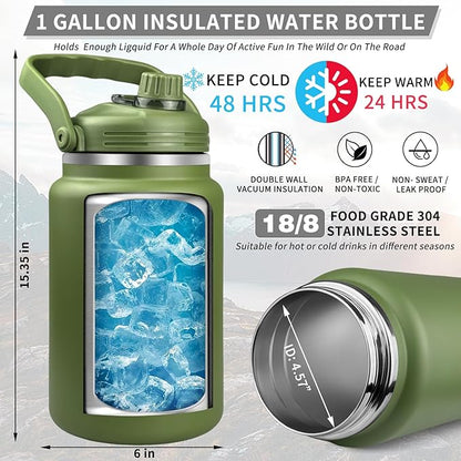 1 Gallon Insulated Water Bottle with Sleeve - 128 Oz Stainless Steel Water Jug with Handle - Wide Mouth Water Flask with Camo Tactical Carrying Bag for Outdoors, Sport, Gym, Hiking