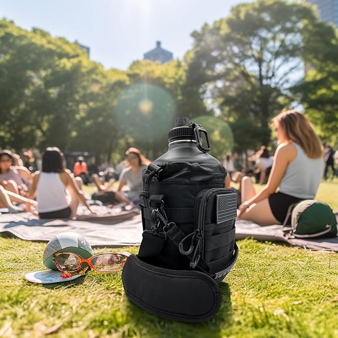 1 Gallon Water Bottle Insulated - 128 Oz Stainless Steel Metal Water Jug with Holder - | Carrying Bag | Spout Handle | Straw Lids | Keep Cold & Hot | - Black Tactical Flask