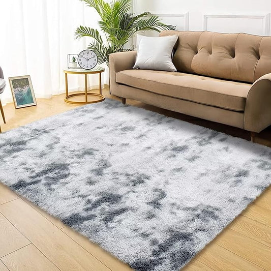 Super Soft Shag Area Rugs Indoor Modern Large Carpets Plush Fluffy Living Room Carpets for Childern Bedroom Non Slip Furry Rugs for Nursery Dorm Home Decor, Tie-Dyed Light Grey, 6' x 9'