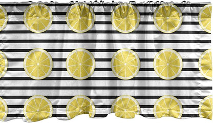 Ambesonne Lemons Window Valance, Citrus Fruits in Slices Pattern on Symmetrical Striped Background, Curtain Valance for Kitchen Bedroom Decor with Rod Pocket, 54" X 12", Yellow Charcoal