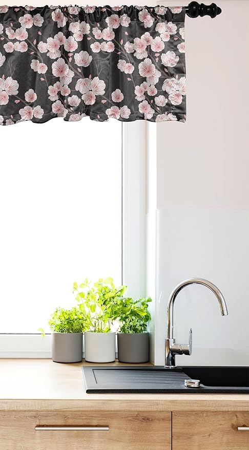 Ambesonne Cherry Blossom Window Valance, Fresh Nature Theme Branches with Blooms and Buds Rustic Japanese, Curtain Valance for Kitchen Bedroom Decor with Rod Pocket, 42" x 18", Dark Brown Blush White