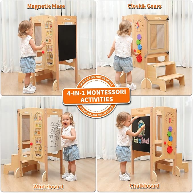 Toddler Tower, Foldable Toddler Kitchen Stool Helper with 2 Step Stool, Wooden Toddler Stool with Safety Net, Adjustable Height, Chalk-Whiteboard& Montessori Activity Games