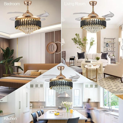 42" Gold Chandelier Ceiling Fans with Lights Crystal Ceiling Fan Chandelier Ceiling Fan with Lights Retractable Blade Fandelier Bladeless Ceiling Fans for Dinning Room Living Room Kitchen Foyer