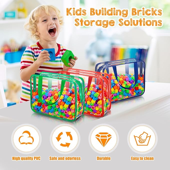 12 Pieces Large Toy Storage Bags with Zipper Clear PVC Organizing Bags Waterproof Zippered Toy Storage Organizer for Building Blocks Puzzle Stationery Kids Books Classroom(Fresh Colors)