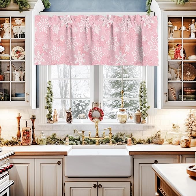 Vandarllin Christmas Kitchen Curtains and Valances Set, Pink White Snowflakes Pattern Windows Treatments Tiers Half/Short Curtains for Small Windows Cafe/Living Room/Bedroom 54x24 in Winter