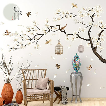 Chinese Style White Flowers Black Tree and Flying Birds Wall Stickers Removable DIY Wall Art Decor Decals Murals for Offices Home Walls Bedroom Study Room Wall Decaoration, 50inchx74inch