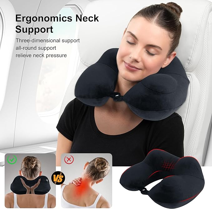 Neck Pillow, Inflatable Travel Pillow, Soft & Support Travel Essentials for Airplane/Car/Office&Home Rest Use, Comfortable & Breathable Machine Washable Cover with Storage Bag (Black)