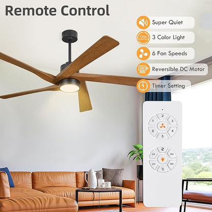 WINGBO 54" ABS DC Ceiling Fan with Lights, 5 Blade ABS Plastic Ceiling Fan with Remote, 6-Speed Reversible DC Motor, LED Ceiling Fan for Kitchen Bedroom Living Room, Black and Walnut