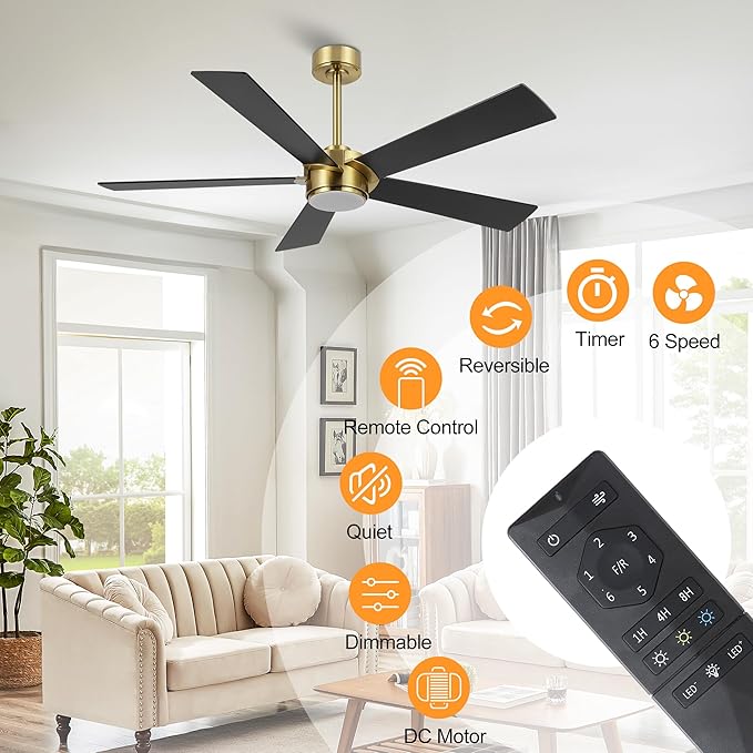 54" Ceiling Fan with Light and Remote Control, Modern Dimmable LED Light, 6-Speed Noiseless Reversible DC Motor, 5 Plywood Ceiling Fan for Kitchen Bedroom Living Room Black/Gold