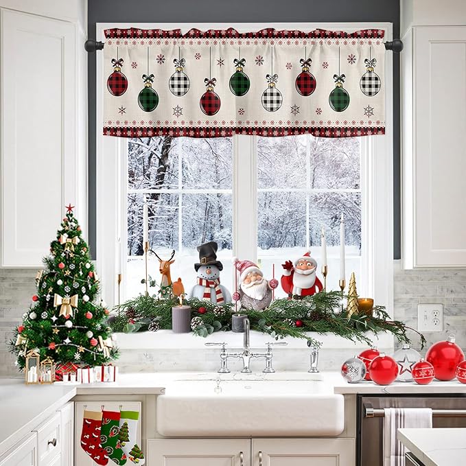 Vandarllin Christmas Kitchen Curtains and Valances Set, Vintage Buffalo Plaid Christmas Balls Window Treatments Tiers Farmhouse Half/Short Curtains for Small Windows Cafe/Living Room/Bedroom 54x24 in