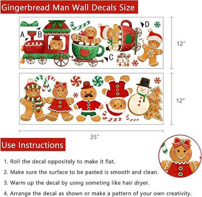 Yovkky Christmas Gingerbread Man Wall Decals Stickers, Xmas Snowman Santa Claus Winter Home Bedroom Decor, 2025 New Year Candy Cane Peppermint Cookie Kitchen Living Room Decorations Art Holiday Gift