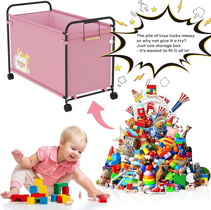 180L Kids Large Toy Box with Wheels, Metal & Oxford Cloth Big Toy Chest for Boys Girls, Toy Organizer with Wooden Handle for Bedroom, Living Room Area, Stuffed Animals, Clothes(Pink, 1PC)