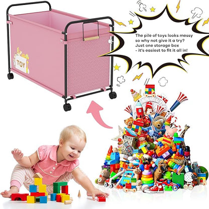 180L Kids Large Toy Box with Wheels, Metal & Oxford Cloth Big Toy Chest for Boys Girls, Toy Organizer with Wooden Handle for Bedroom, Living Room Area, Stuffed Animals, Clothes(Pink x2)