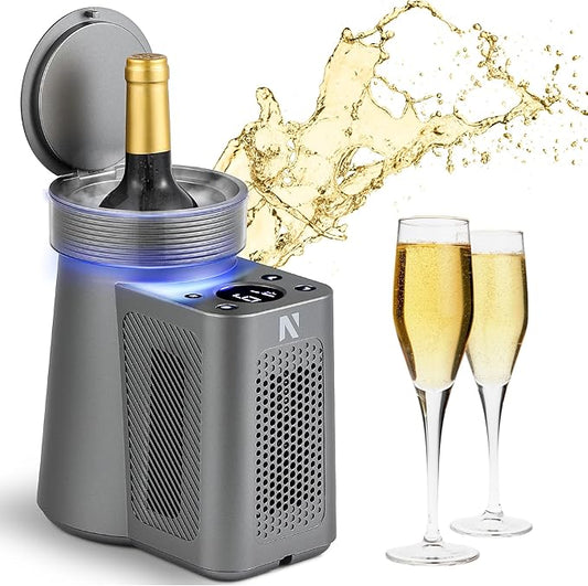 NEWTRY Wine Chiller Electric, 24 Hours Iceless Wine Cooler for 750ml Standard Straight Wine Bottle, Single Bottle Wine Chiller Constant Low Temp for Home, Kitchen, Office, Outdoors